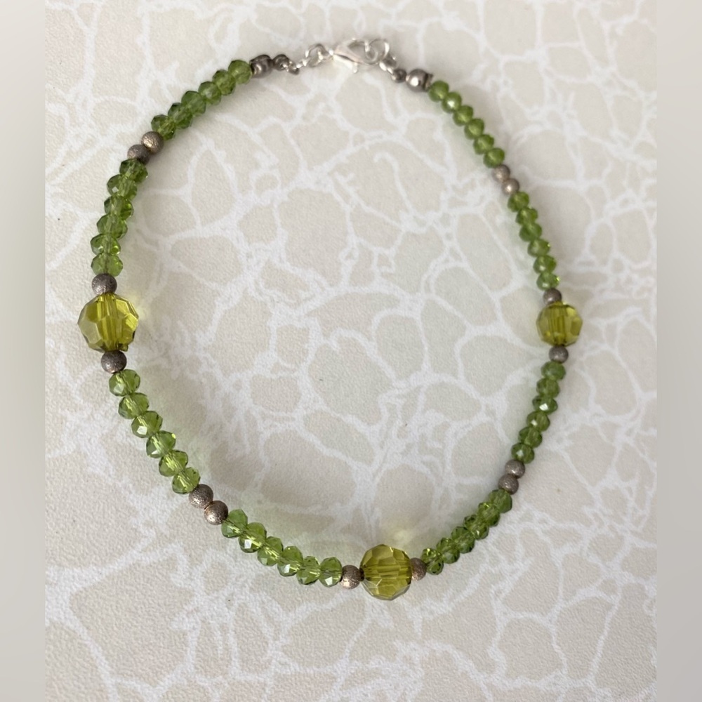 Peridot Green Faceted Crystal Bead Ankle Bracelet - size 10 1/4”
